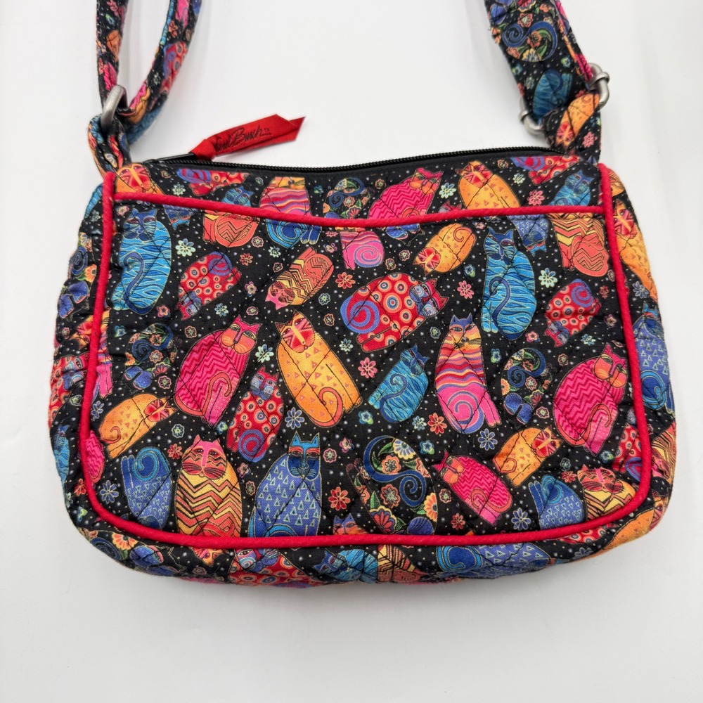 Laurel Burch Colorful Cat Print Crossbody Bag Black Multicolor Zip Shoulder - Picture 2 of 11